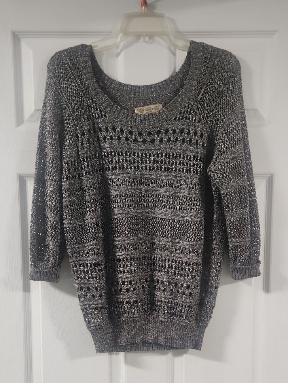 Nine West Gray Open-Knit Scoop Neck Sweater